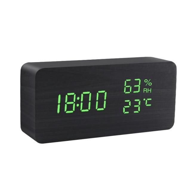 Wood Cube Alarm Clock with an LED Display, Temperature and Humidity | Three Wake Times, Sound or Touch Activated | Ten Styles
