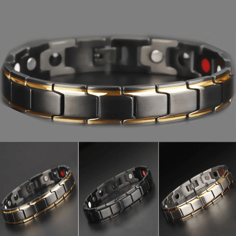 Magnetic Stainless Steel Bracelet for Men and Women | 316L Link Band with Red and Silver Dots | 21 x 1.3 cm