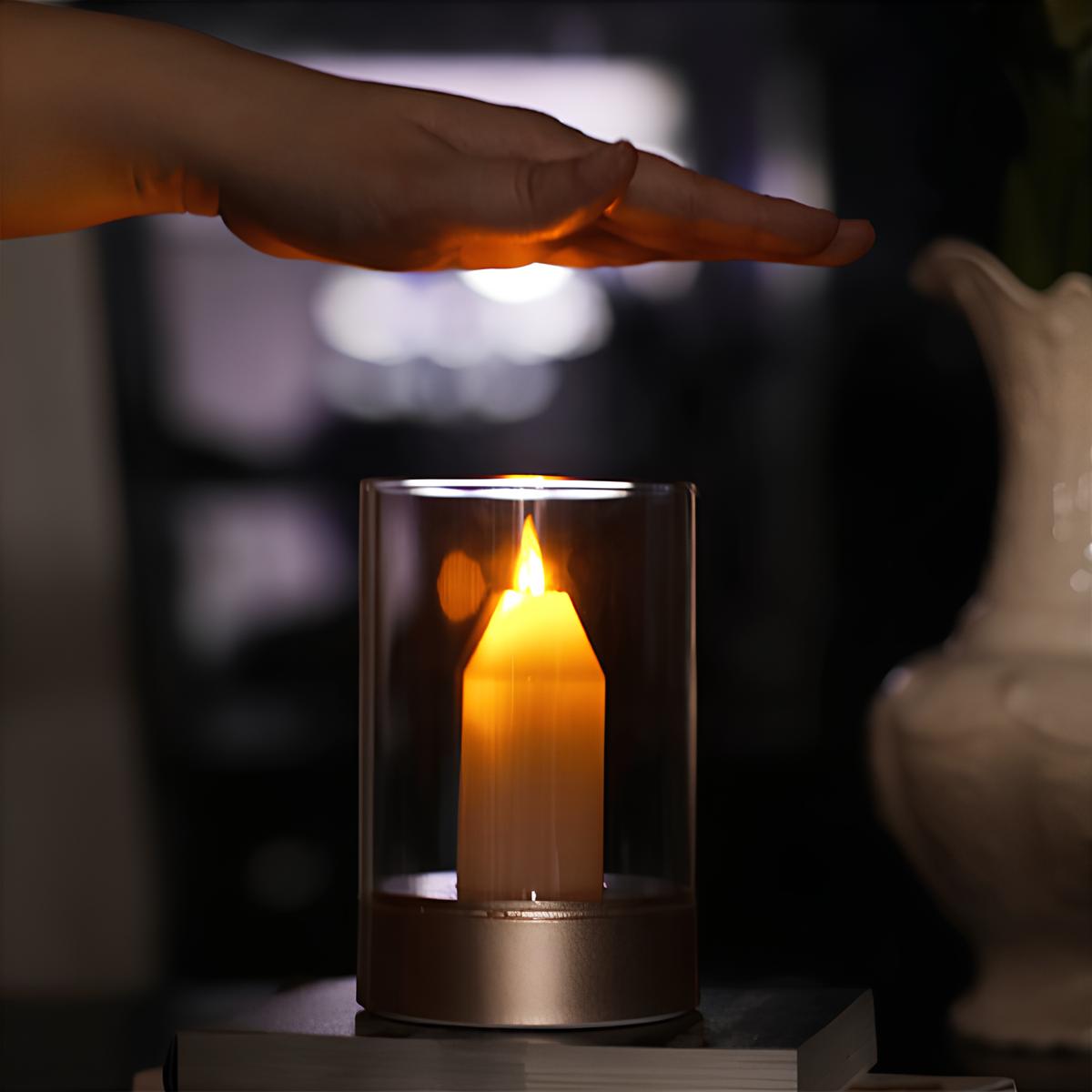 Cordless Lamp with Flameless LED Candle in Glass | Wave Your Hand to Switch On and Dim | Warm White