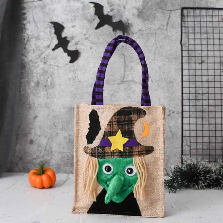 Halloween Trick Or Treat Bag | 10.23 X 5.9 In Cotton Linen With Sturdy Handles | Pumpkin, Cat, Witch Or Skull Design