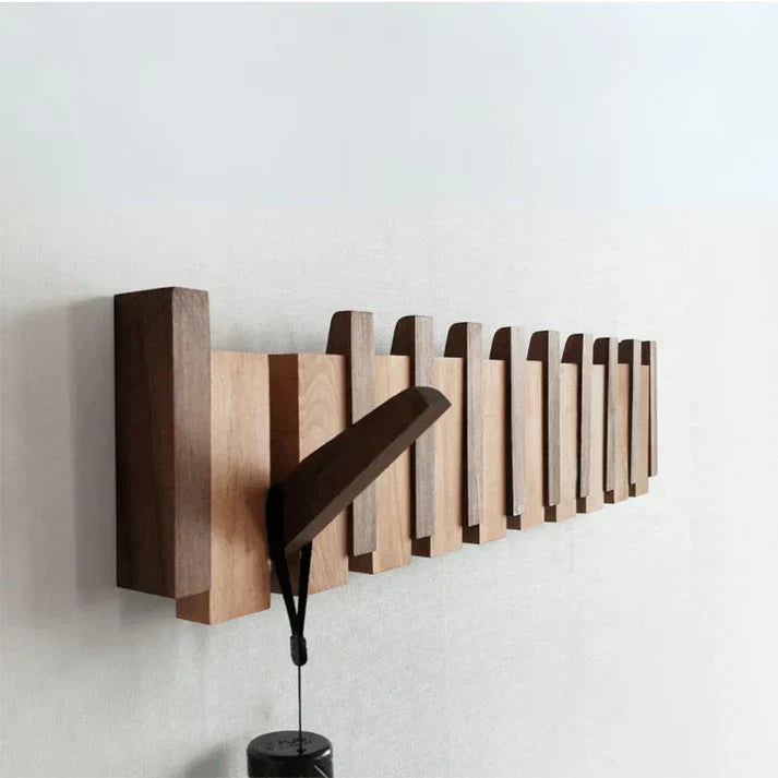 Wooden Wall-Mounted Coat Rack with Foldable Hooks | Solid Wood Construction | Space-Saving Design for Entryways and Offices