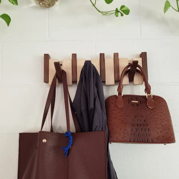 Wooden Wall-Mounted Coat Rack with Foldable Hooks | Solid Wood Construction | Space-Saving Design for Entryways and Offices